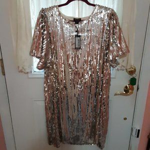 Boohoo Silver Sequin Puff Sleeve Plus Size Party Dress, UD 20 NWT